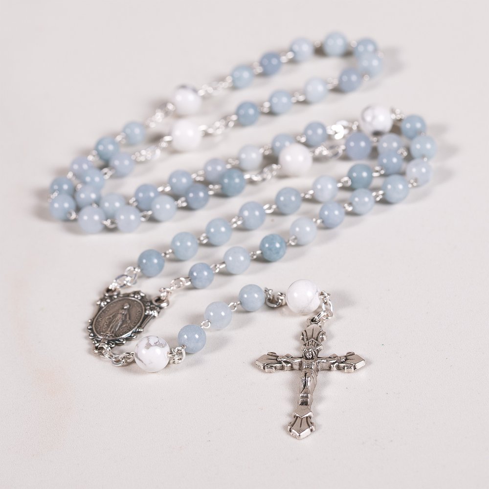 Blue Gray Angelite & Aulite Miraculous Medal Gemstone Rosary