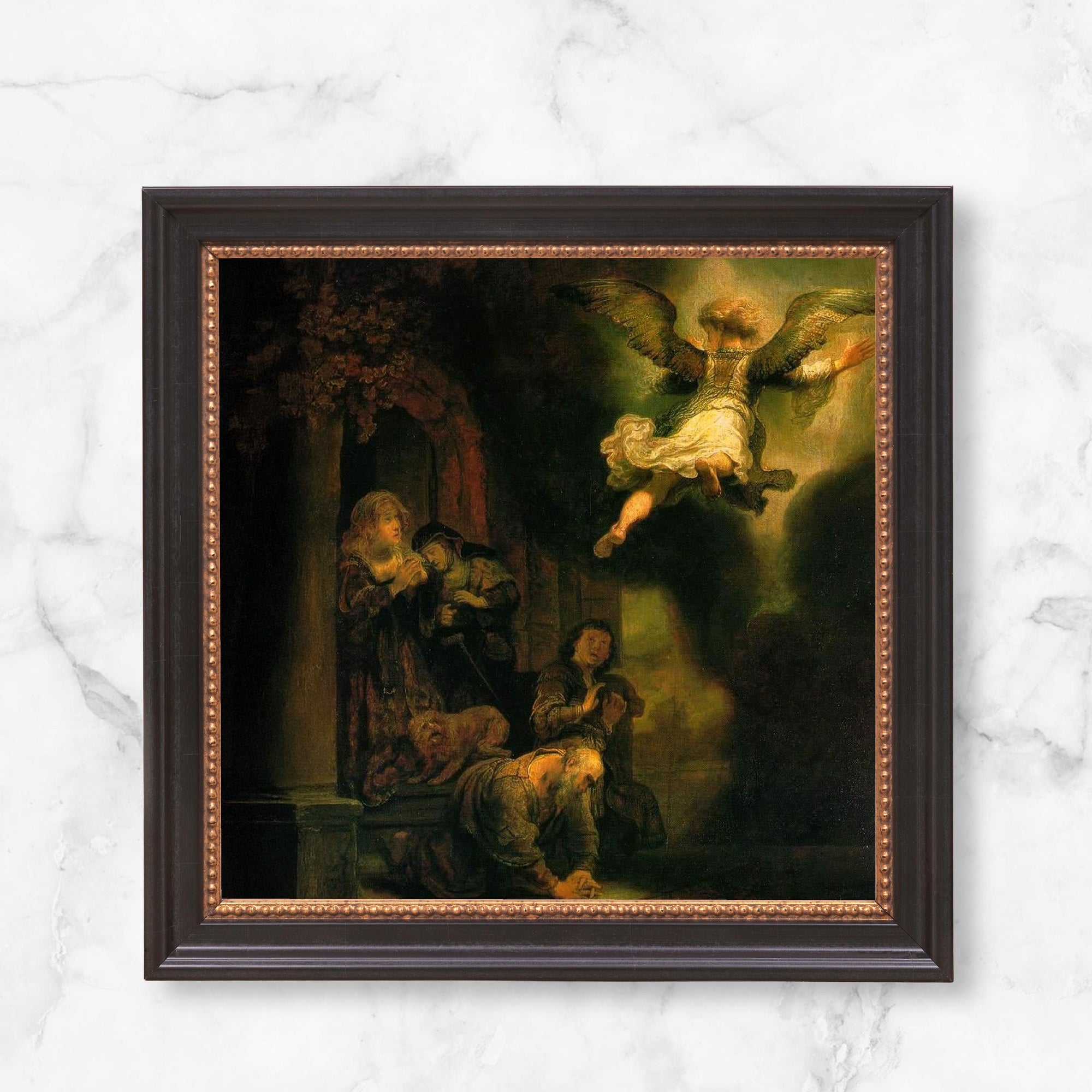 Framed painting depicts an angel appearing to people, with dark wooden frame and gold beading detail.