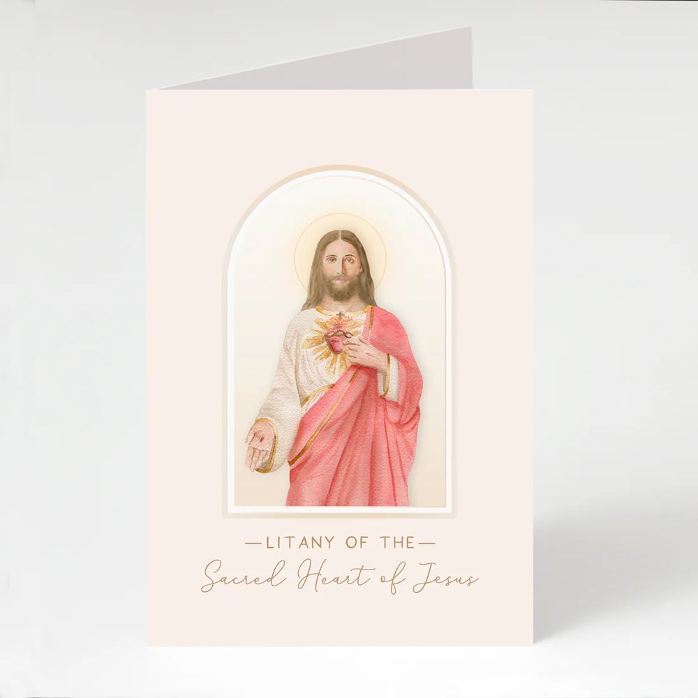 Litany card features Jesus watercolor illustration on beige cardstock; red Sacred Heart of Jesus text.