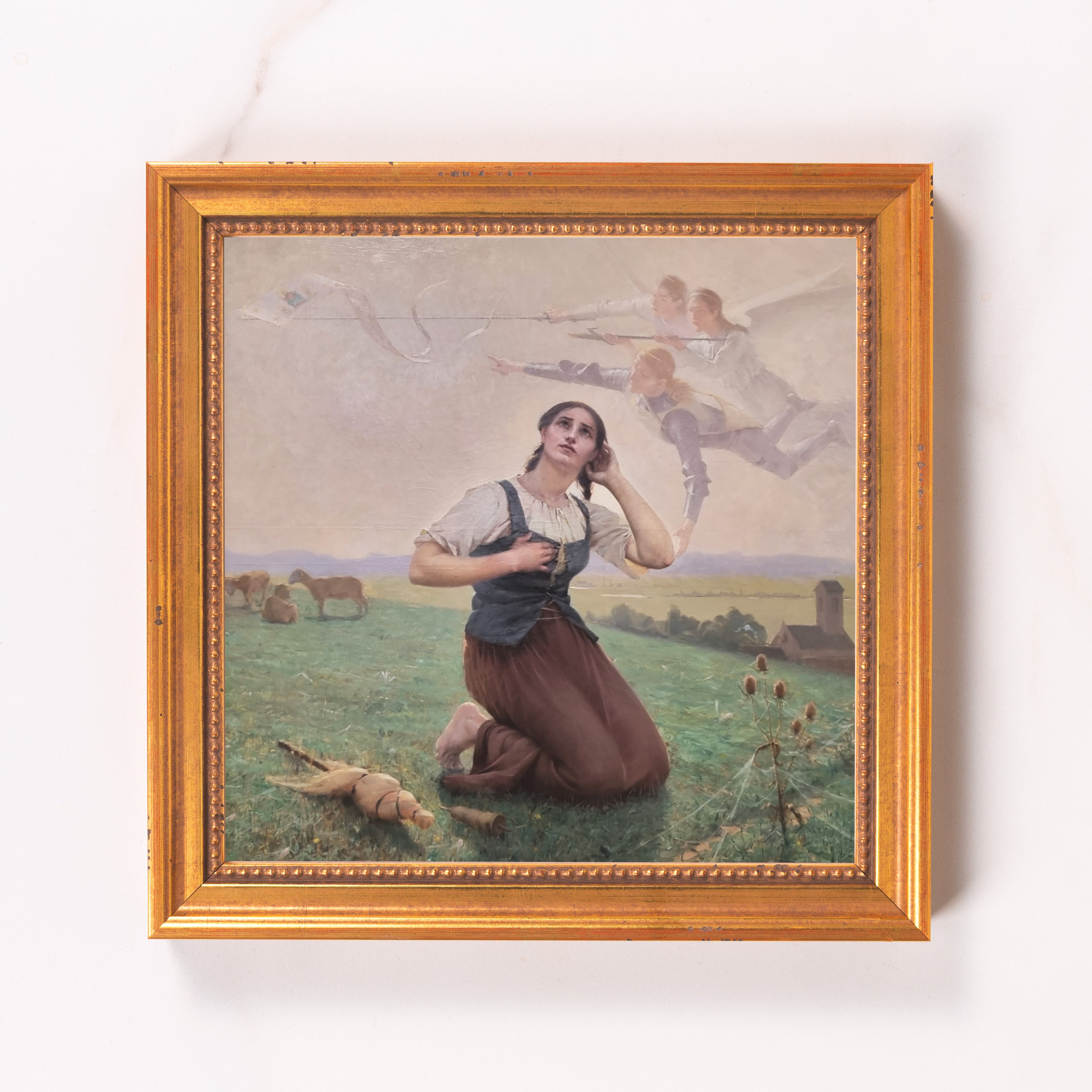 Framed Painting: Kneeling woman and angels, oil on canvas, gold ornate frame.