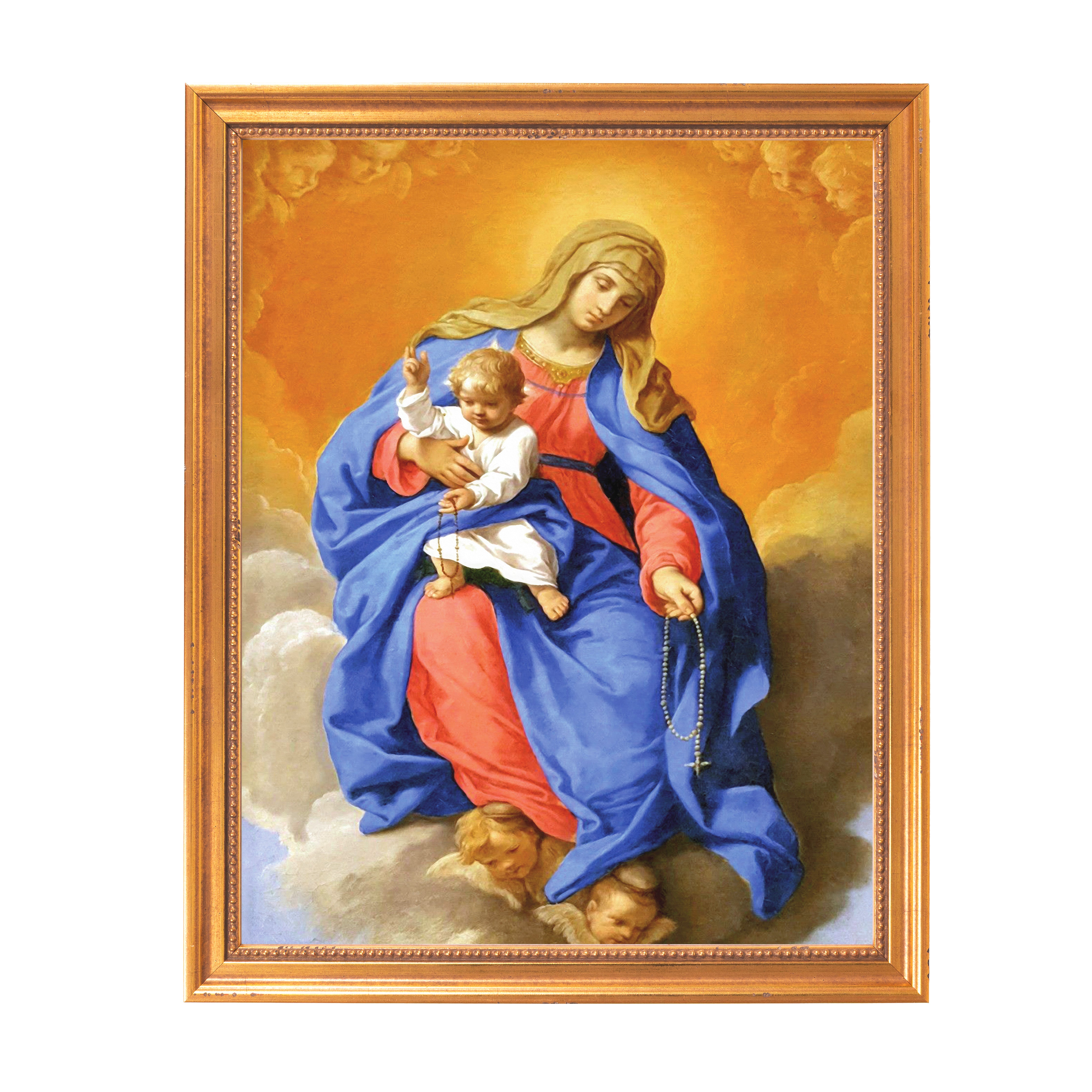 Framed Painting of Mary holding Jesus with a blue robe and rosary.