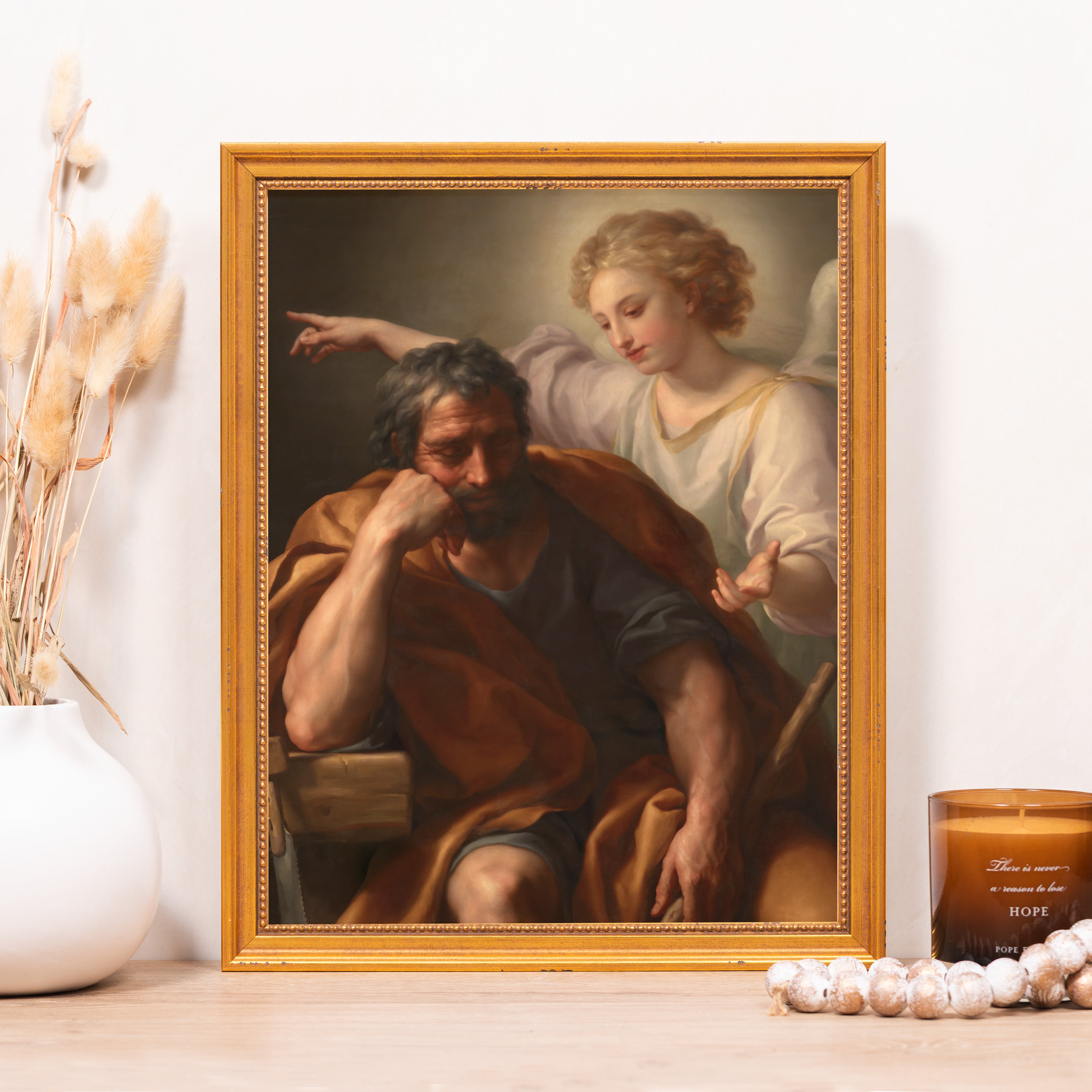 Framed Painting of Joseph's Dream with angel, gold frame, wall art for home decor, religious image.