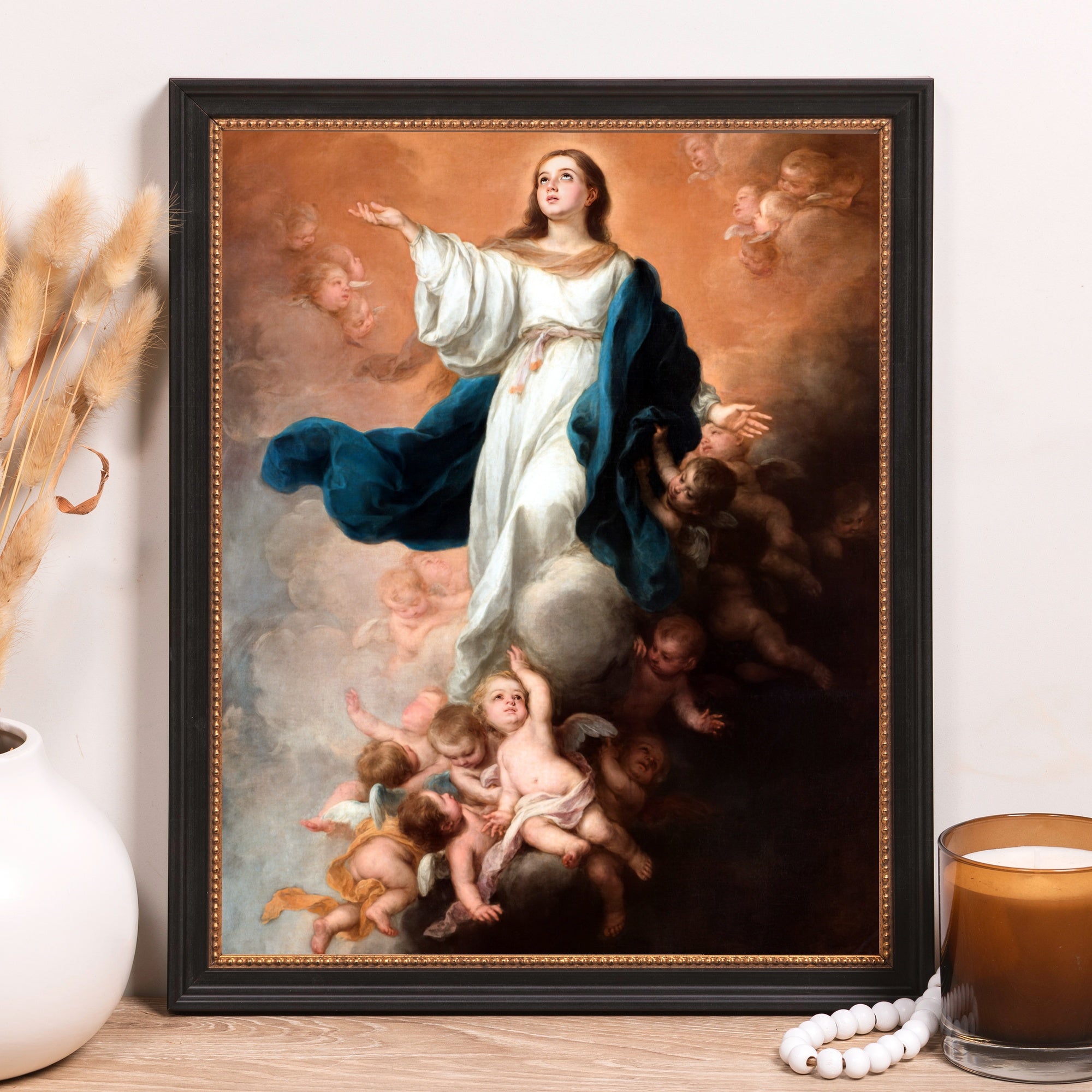 Framed Painting depicting Mary and angels in baroque style, featuring a black frame.