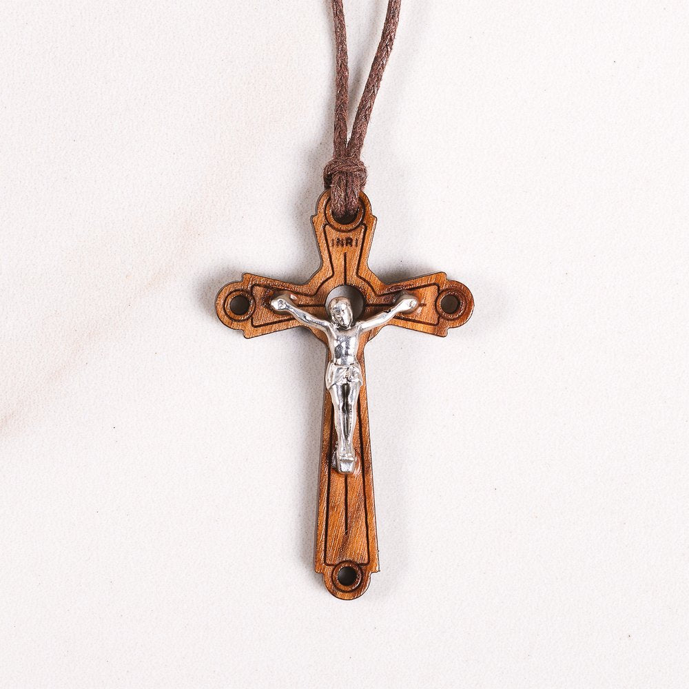Italian Olive Wood Crucifix Necklace on Brown Cord