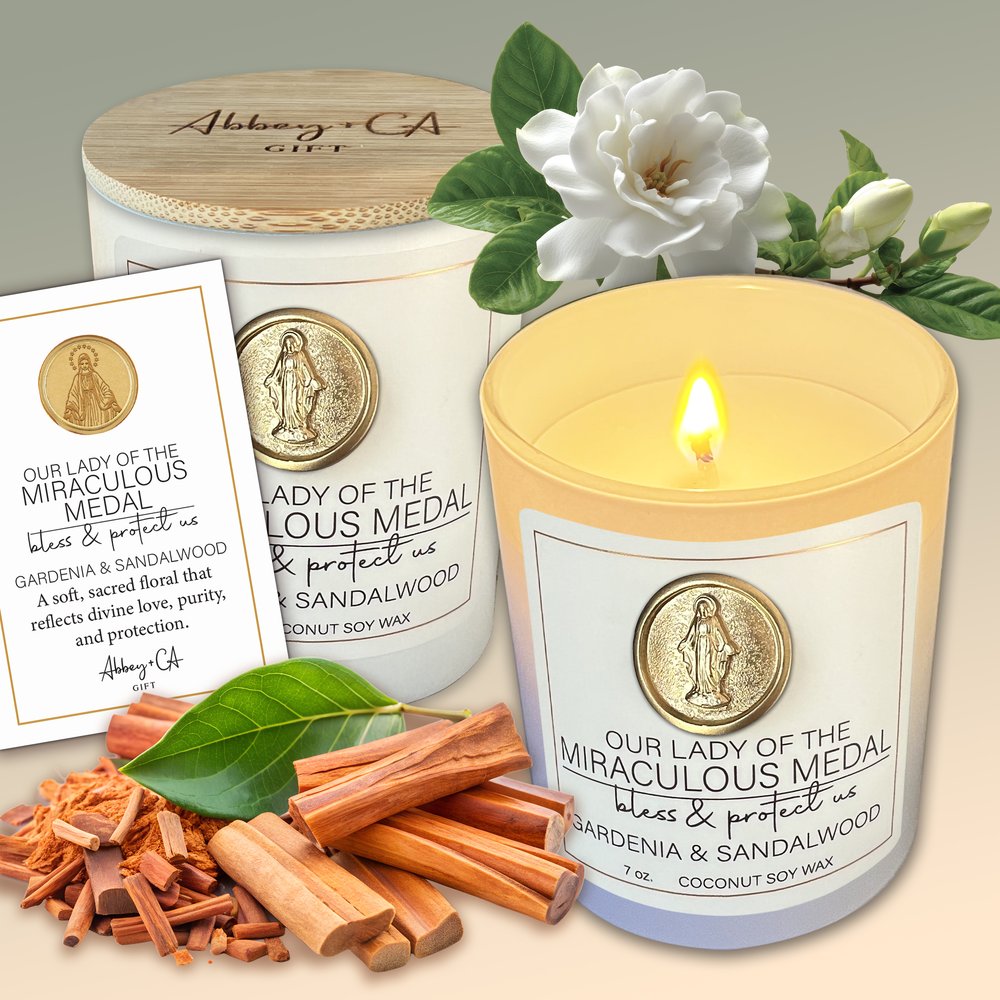 Our Lady of the Miraculous Medal Candle - Gardenia & Sandalwood
