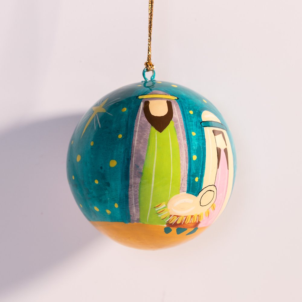 Blue Papier-Mâché Nativity Ornament