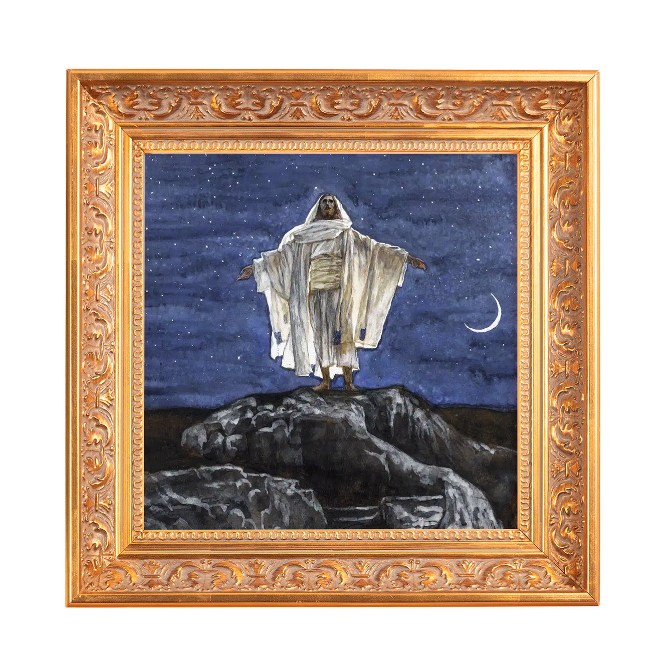 Framed painting of Jesus in a white robe with open arms on a rocky hill against a starry night sky and crescent moon.