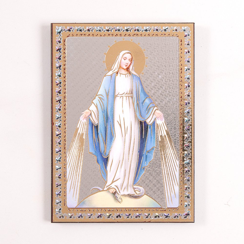 Religious Mary icon in a silver-gold foil frame with colorful floral accents.