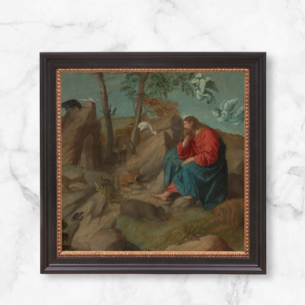Framed art: "Jesus Among the Beasts" in a black and gold frame, depicting Jesus in red and blue robes, surrounded by wildlife.
