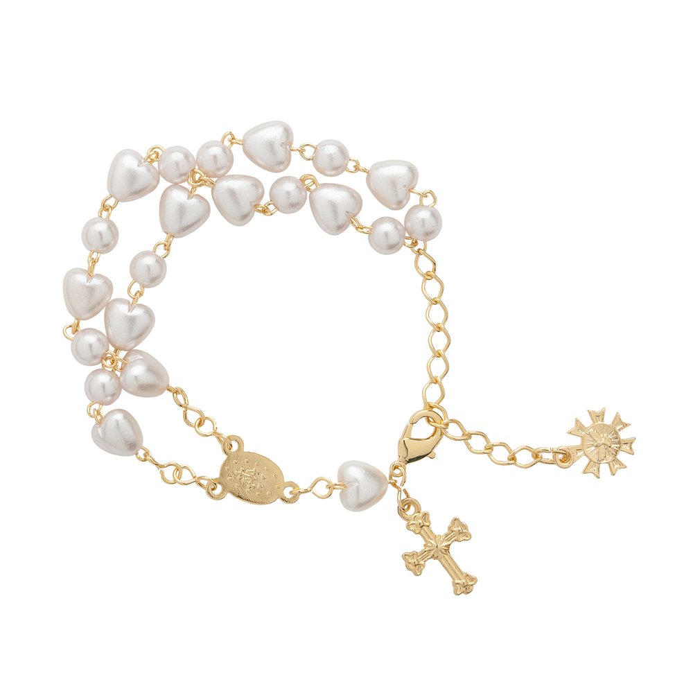 Double Strand Heart & Pearl Rosary Bracelet