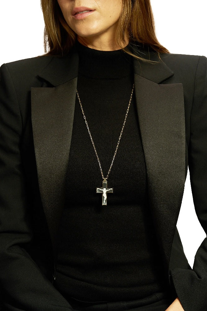 Carved Black & White Cameo Crucifix Necklace