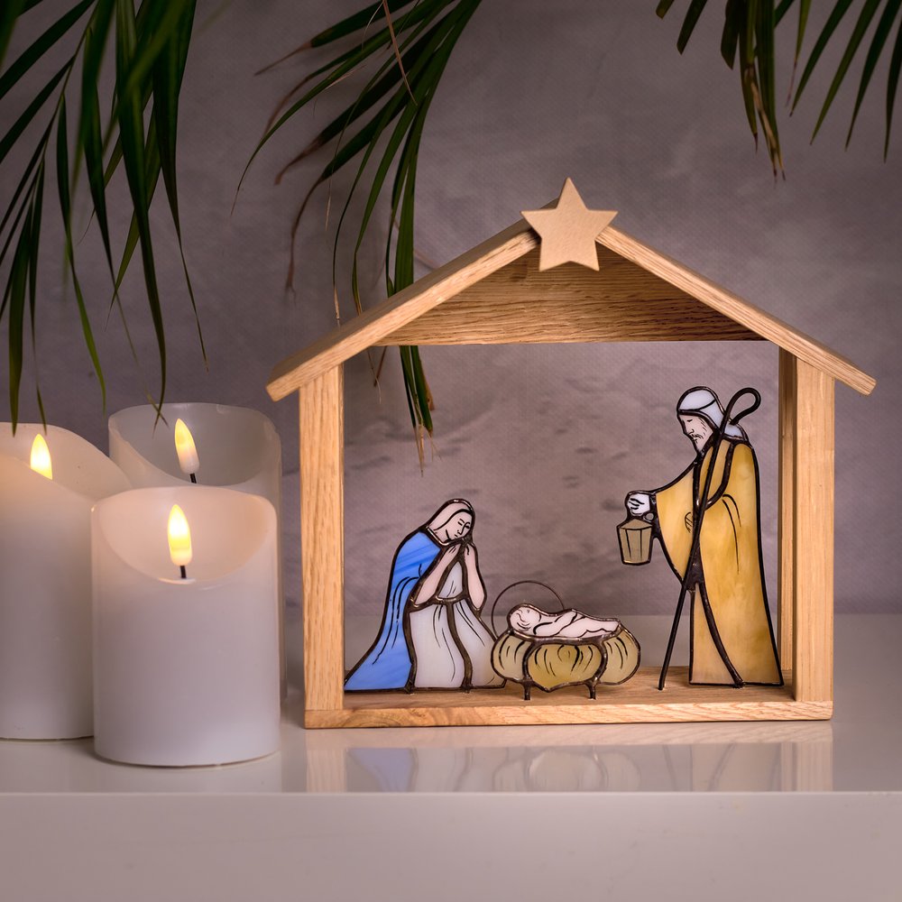 Handcrafted Stained Glass Nativity Scene with Wooden Stable