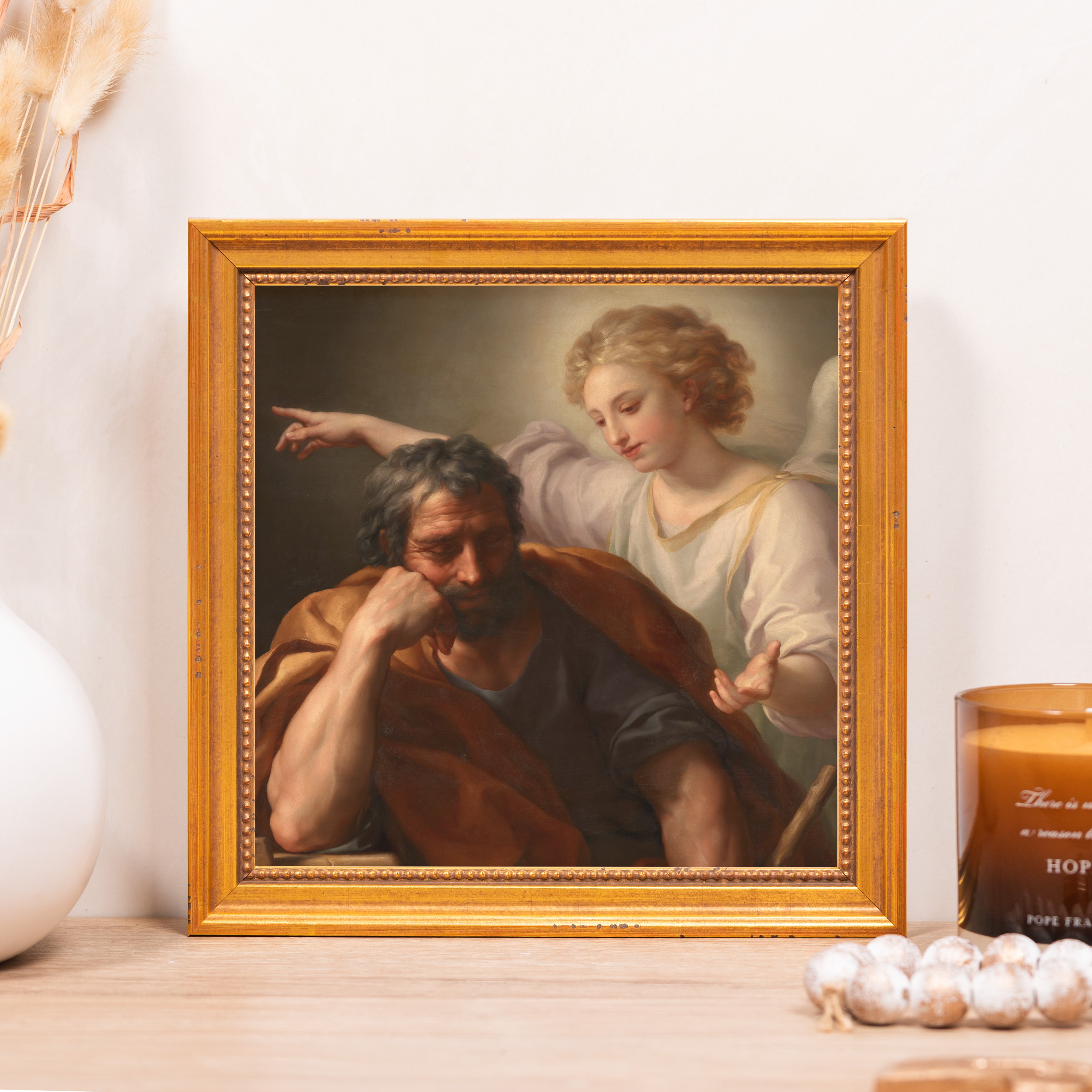 Framed print of St. Joseph's Dream with angel, gold frame, for religious decor.