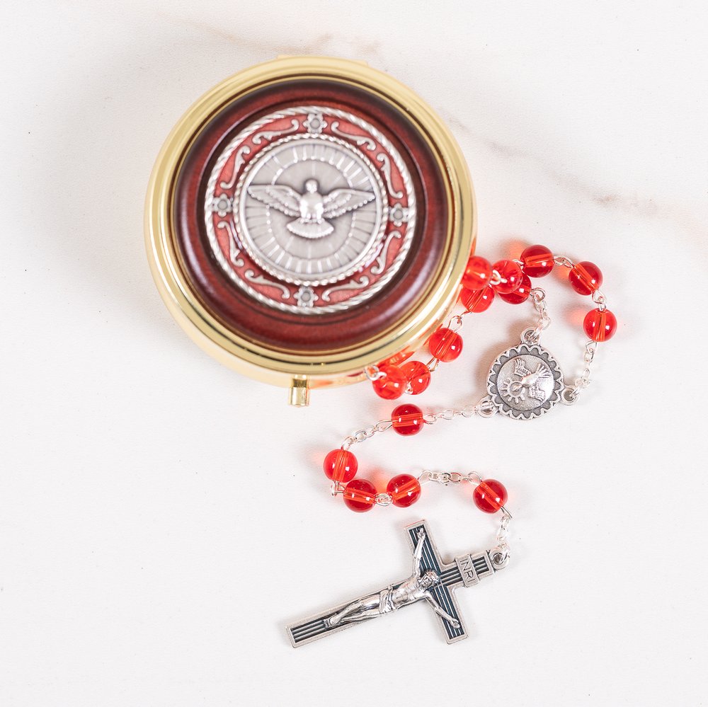 Red Glass Holy Spirit Rosary & Rosary Box Set