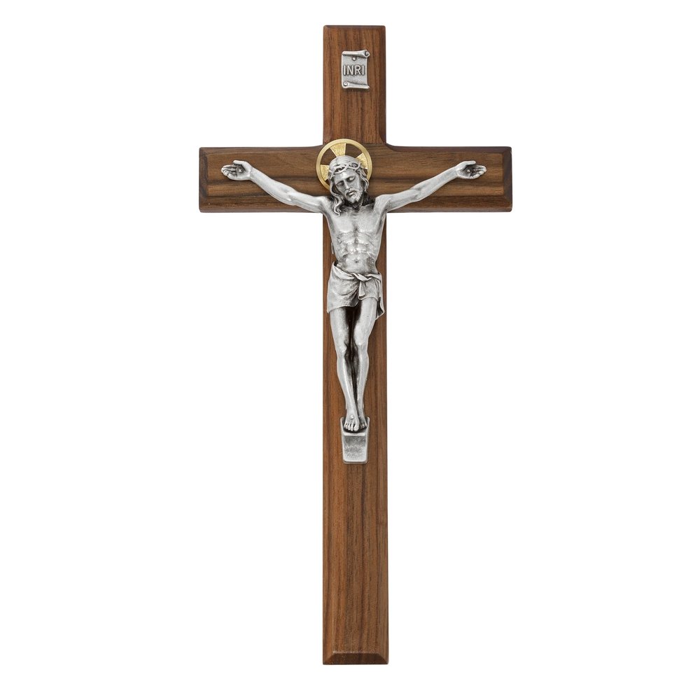 Beveled Walnut/Silver Crucifix - 10 inch