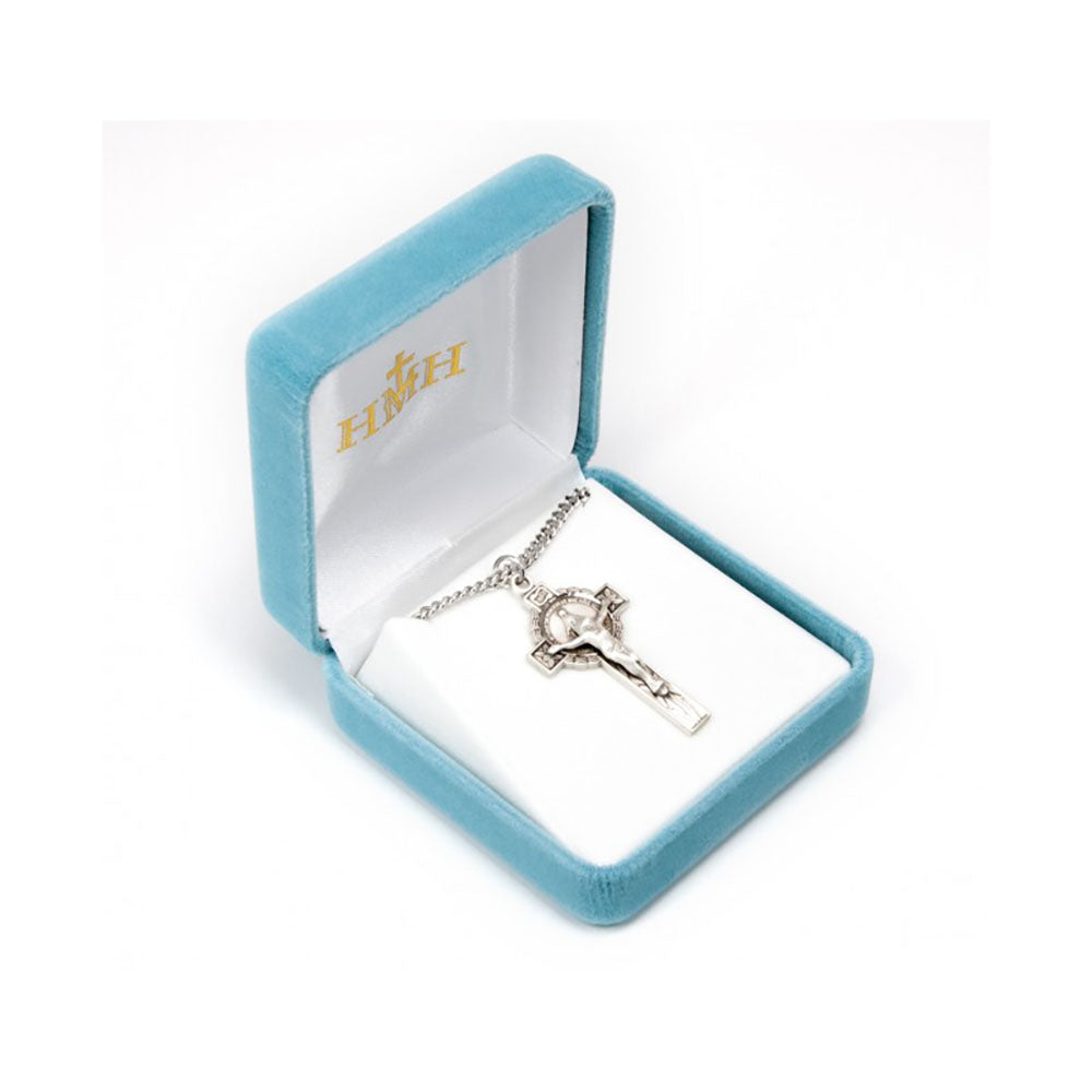 Silver tone Celtic cross necklace with chain in open blue velvet box.