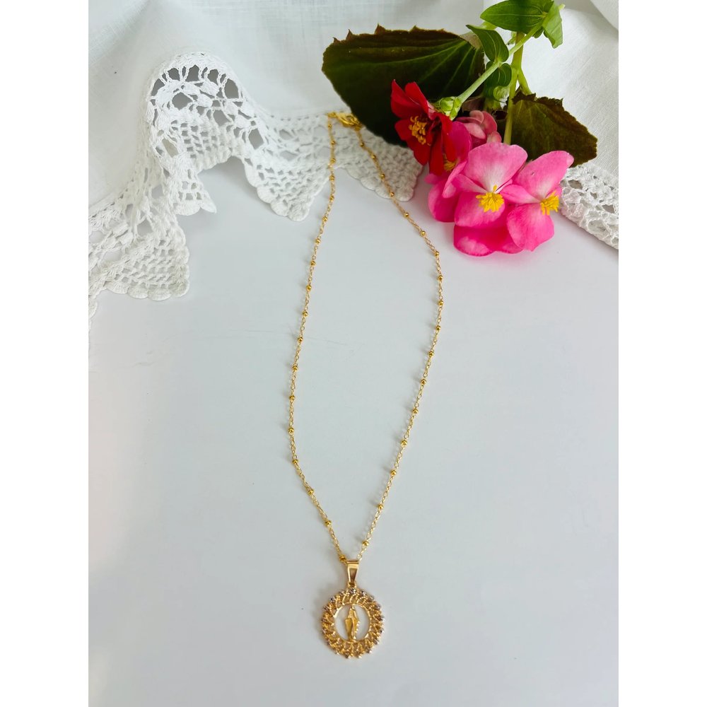 Gold Sunburst Cutout Our Lady of Grace Necklace