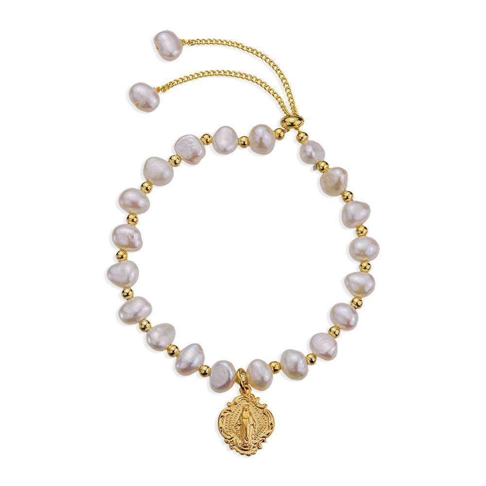 Freshwater Pearl Gold Miraculous Medal Bracelet