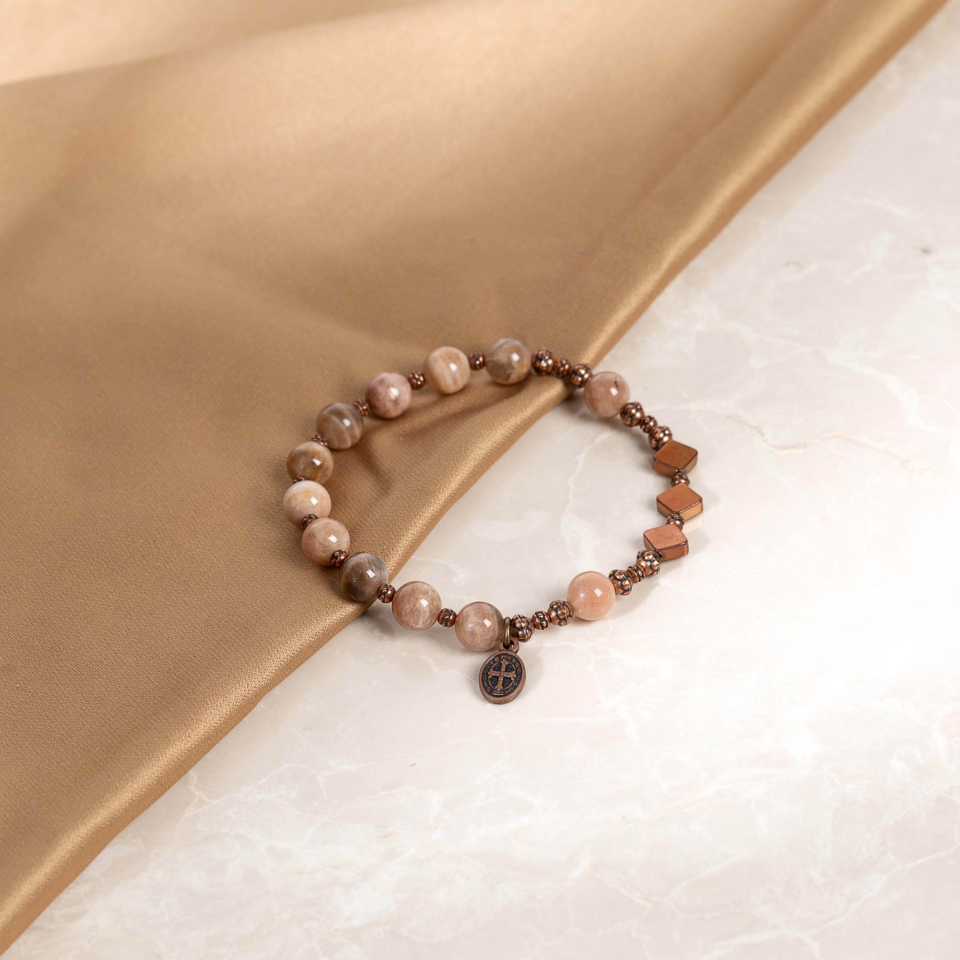 Moonstone & Copper St. Benedict Rosary Bracelet