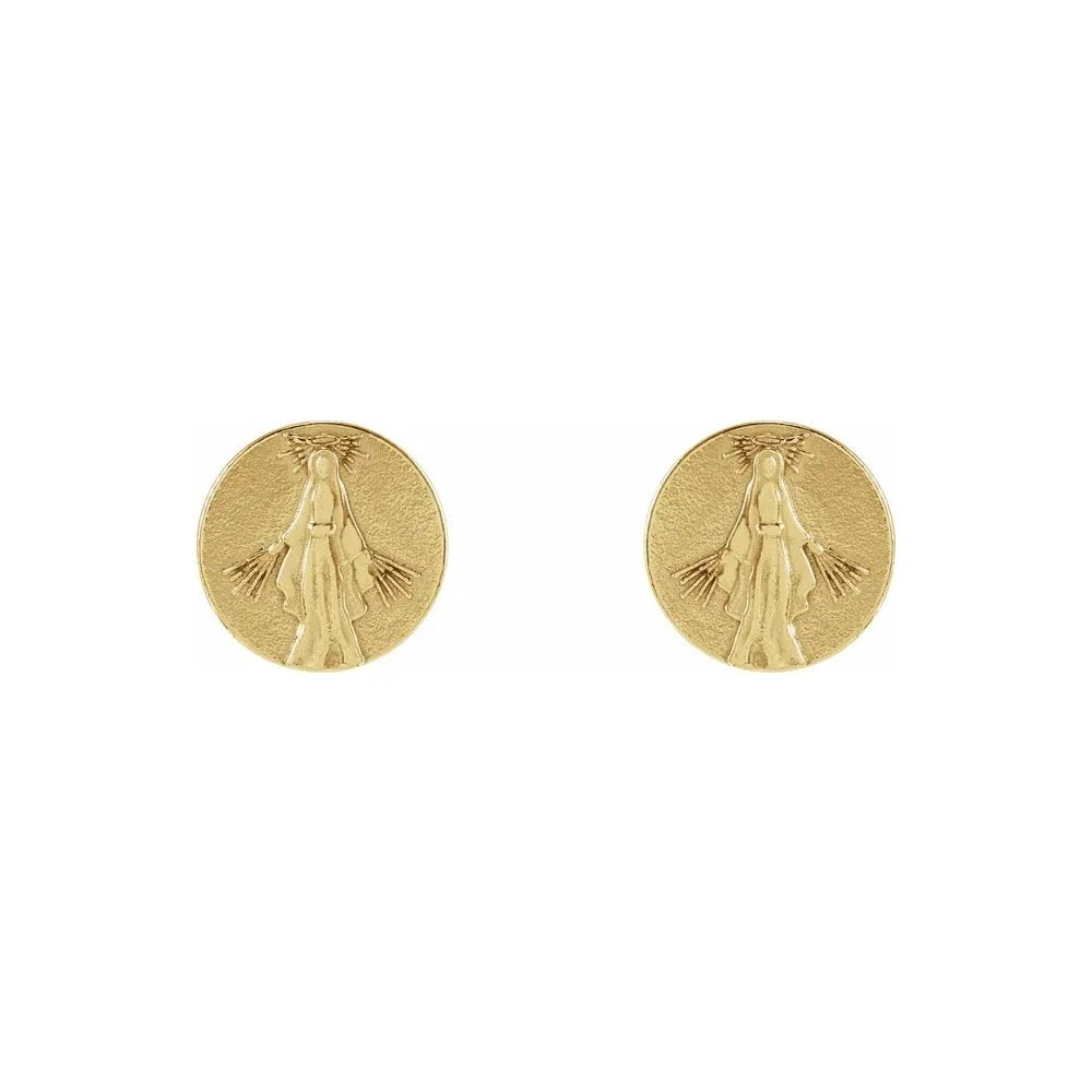 Round, Gold earrings with an engraved image of the Virgin Mary.