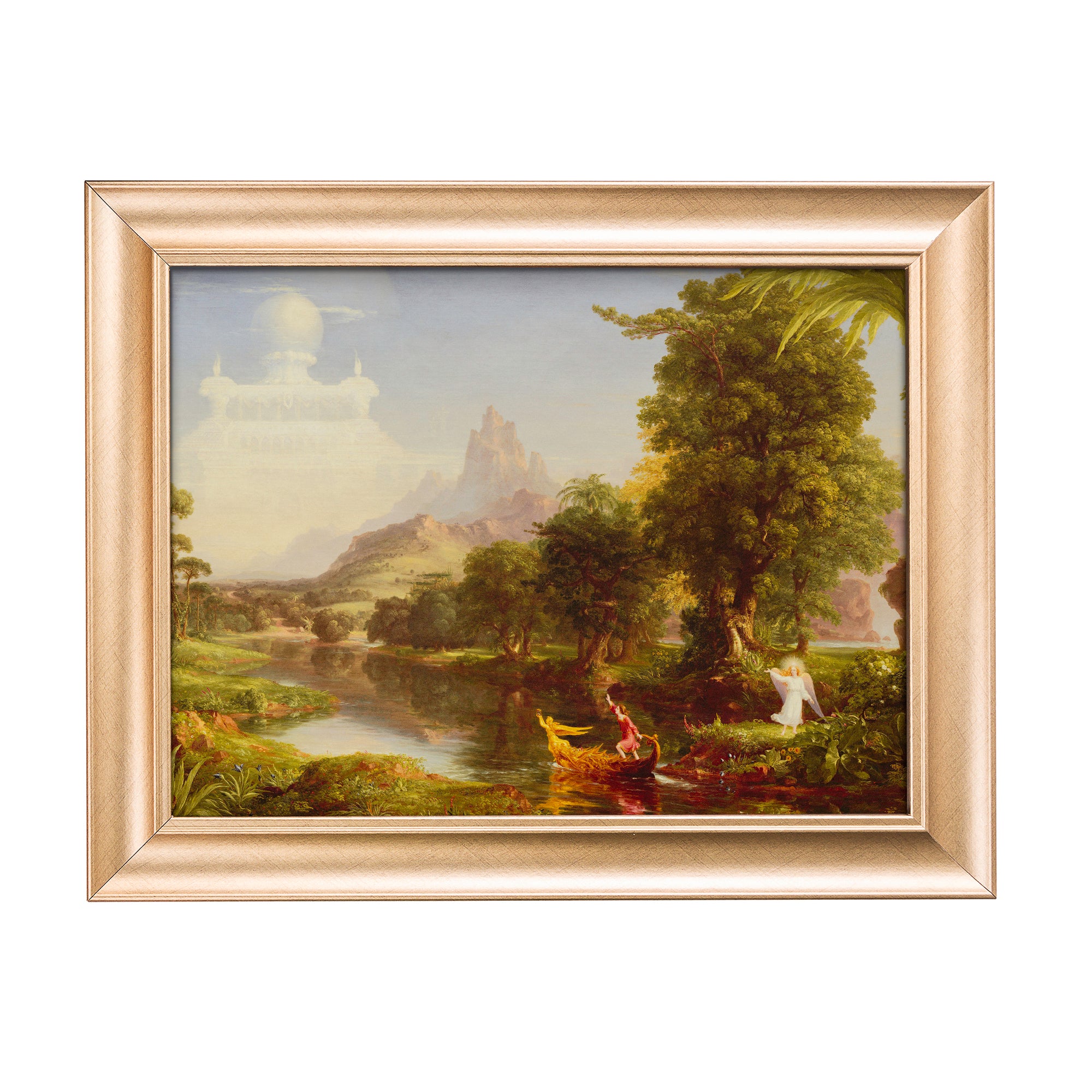 Framed painting depicting an oil on canvas landscape with an angel and golden boat in a gold frame.