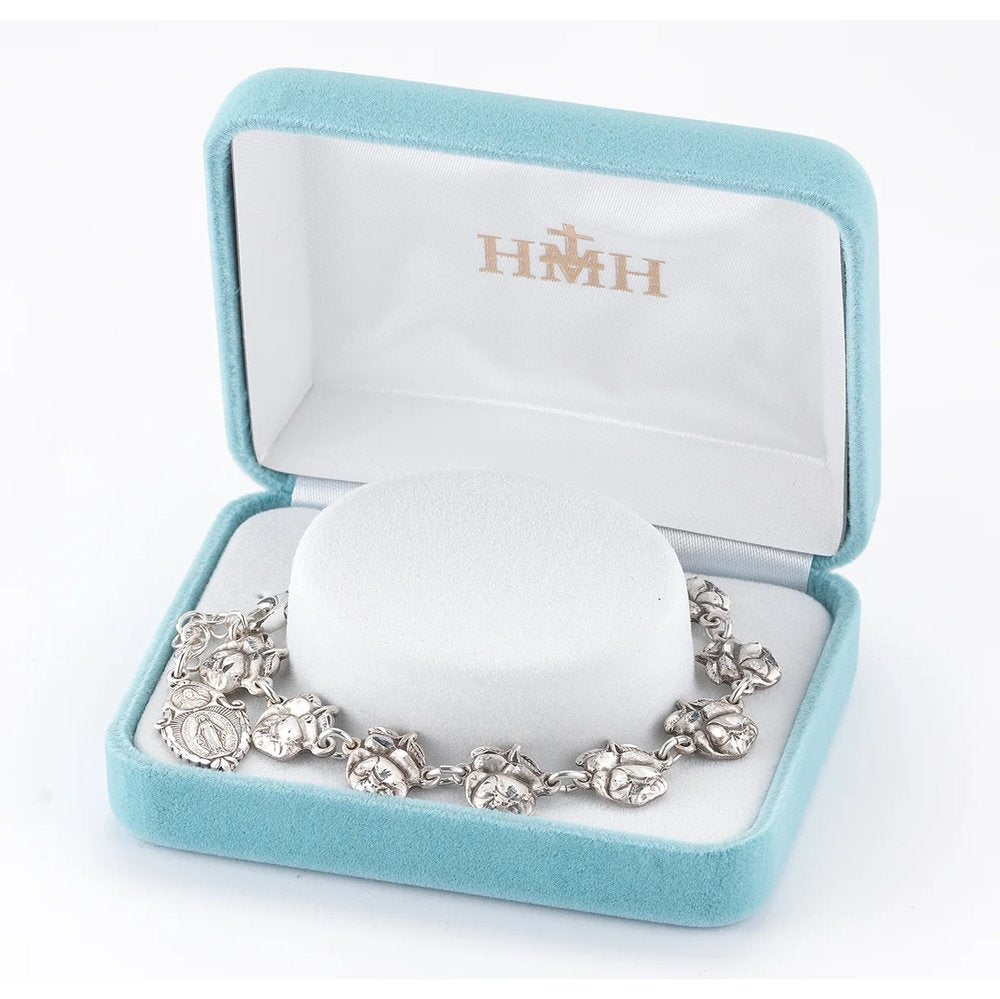 Sterling Silver Rosebud Saints & Miraculous Medal Rosary Bracelet