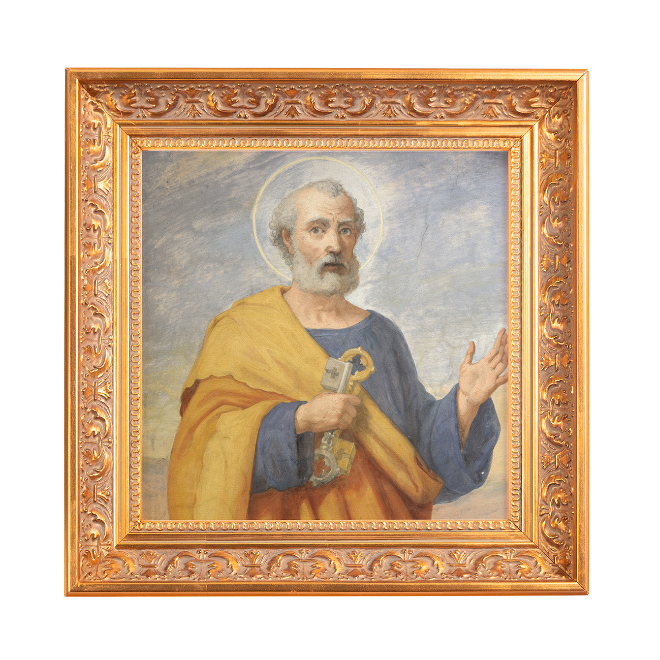 Framed painting of Saint Peter holding a key; gold frame and blue, yellow, and gray tones.