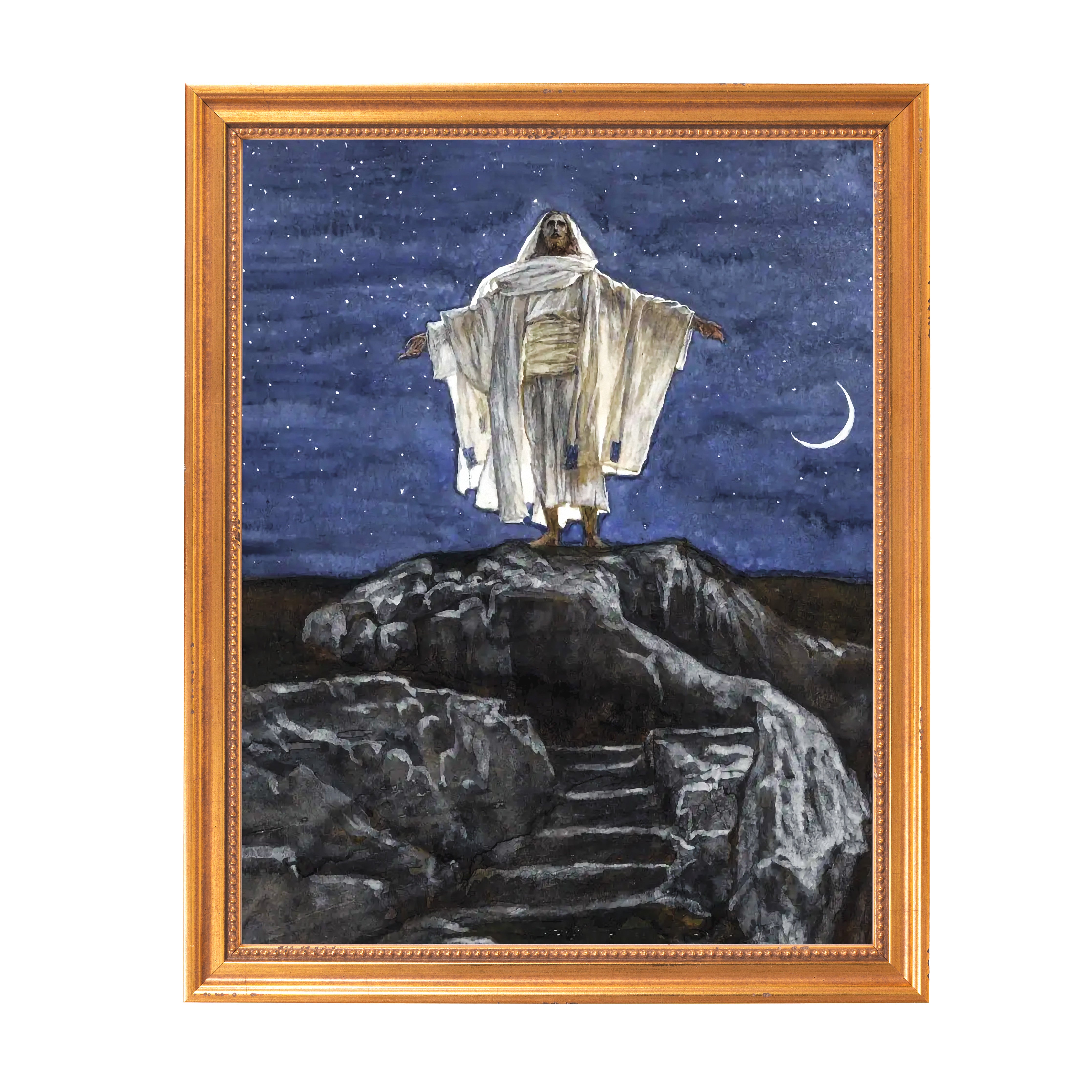 Framed Painting: Artwork of Jesus in white robe on a rocky mountain, set against a starry night sky.