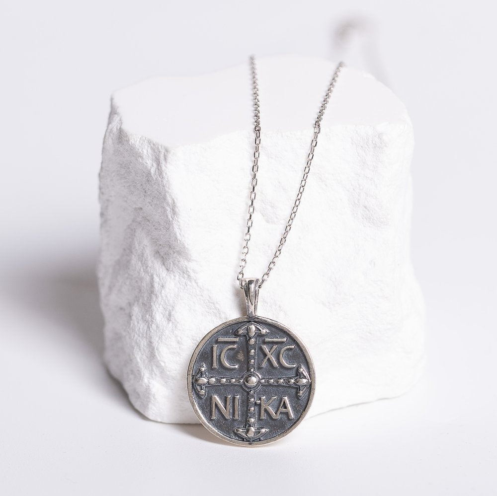 Sterling Silver Greek "Jesus Christ Conquers" Cross Necklace - 18"