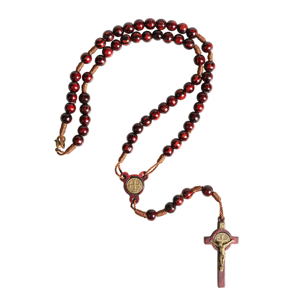St. Benedict Walnut Finish Wood Rosary Necklace