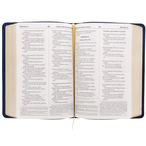 Open Bible with text in a classic font and a navy blue, leather-like cover, displaying its pages with a yellow bookmark protruding.