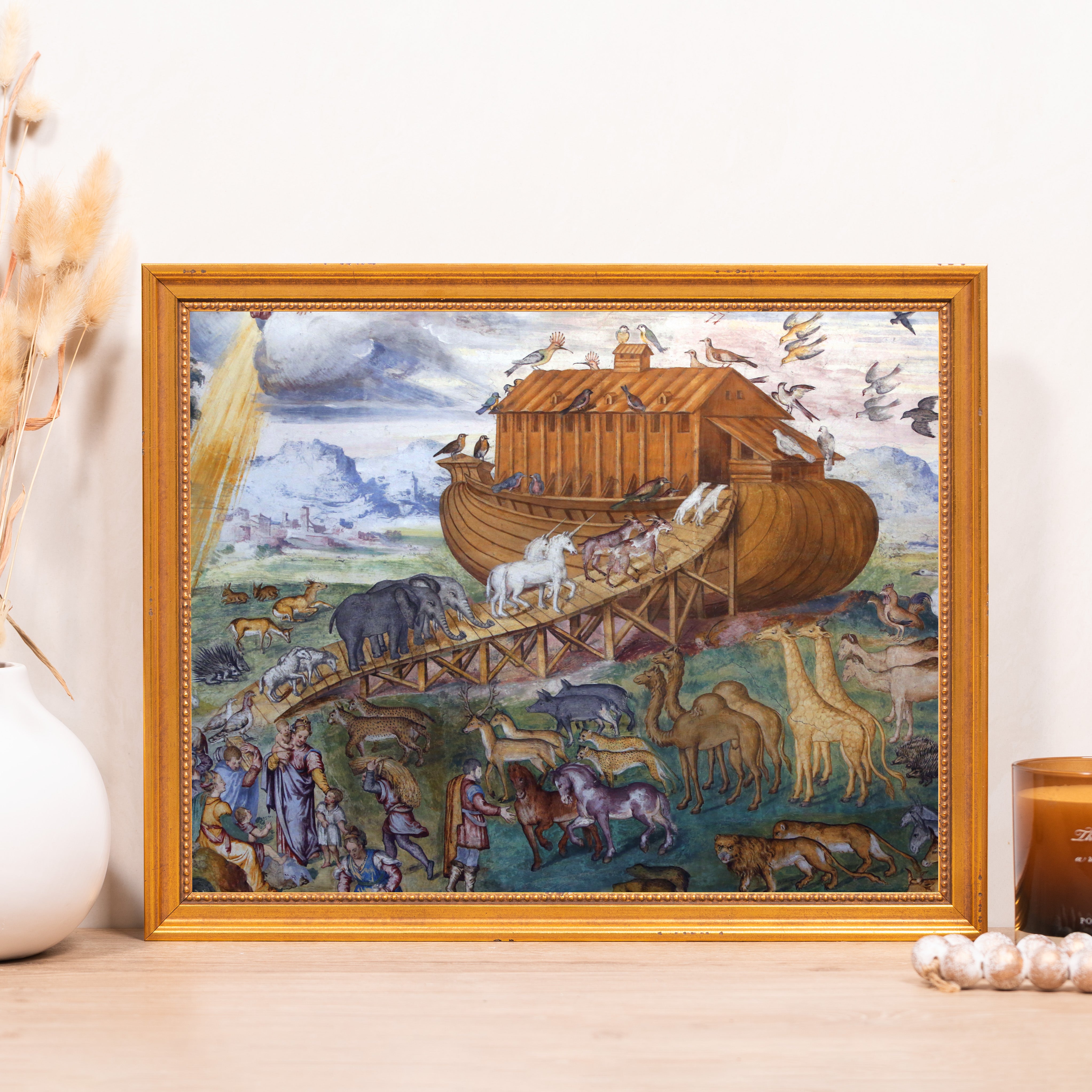 Framed Noah's Ark painting, golden frame, animals going in.