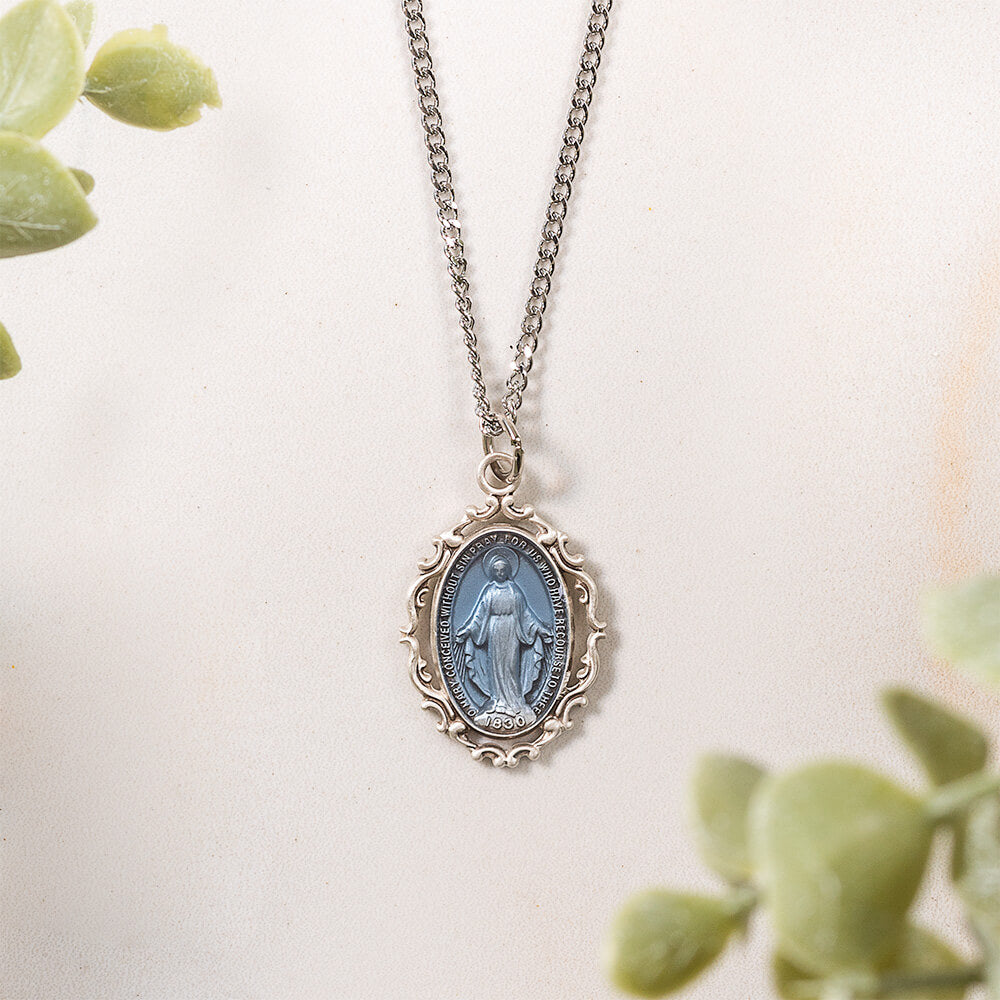 Sterling & Heavenly Blue Miraculous Medal Necklace