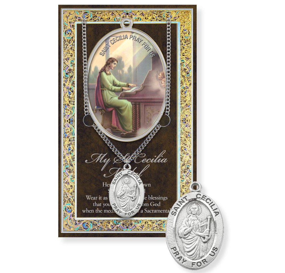 St. Cecilia Pewter Medal Necklace & Prayer Card Pamphlet - 18"