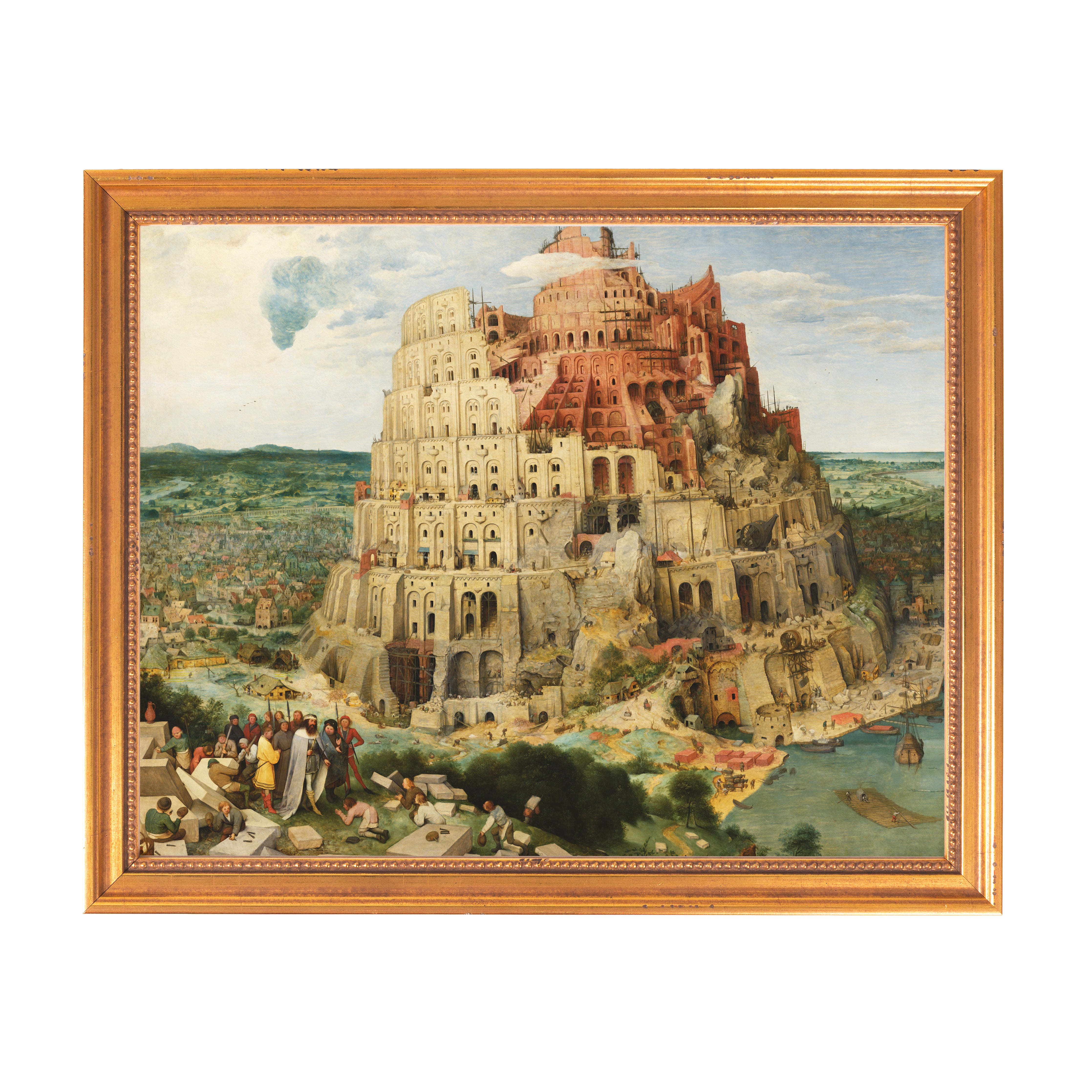 Framed oil painting depicting Bruegel's Tower of Babel in white and red tones, an unfinished structure near a town and harbor.