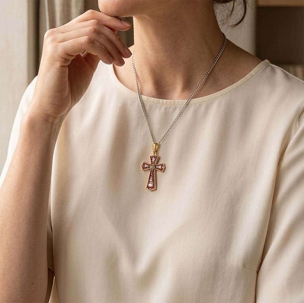 Gold & Floral Mosaic Cross Necklace