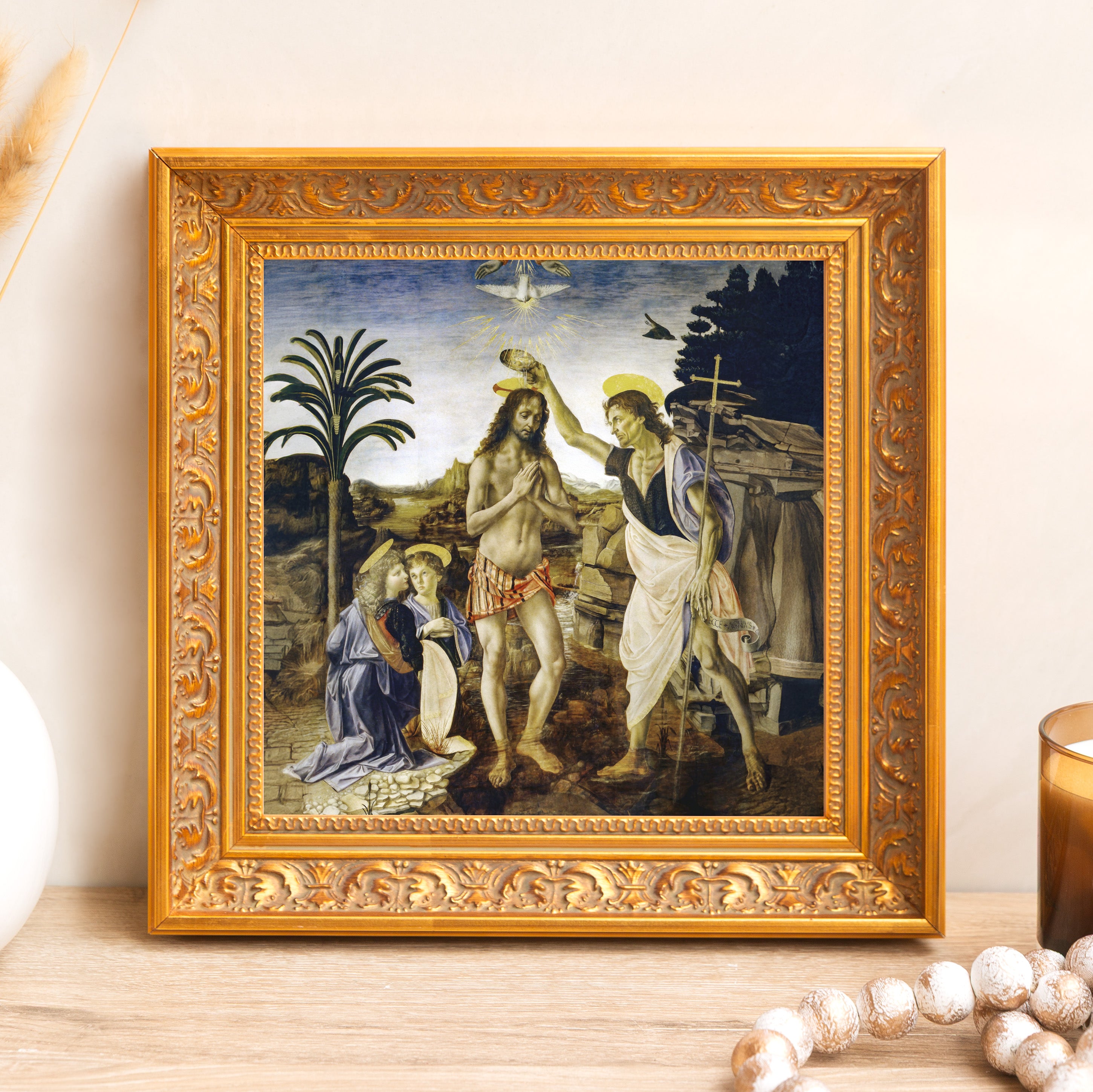Framed Baptism painting features a gold, ornate wood frame and Renaissance style.