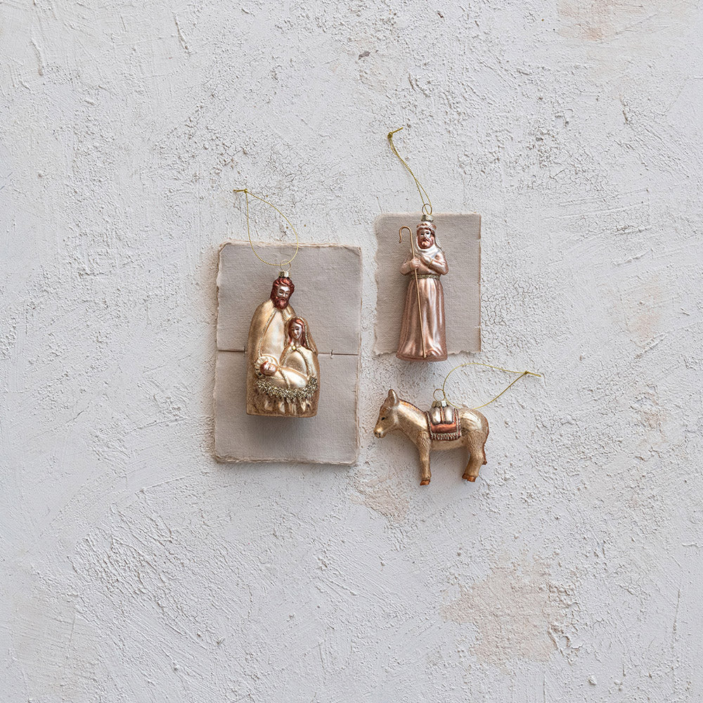 Blown Glass Glitter Nativity Ornaments - Set of 3