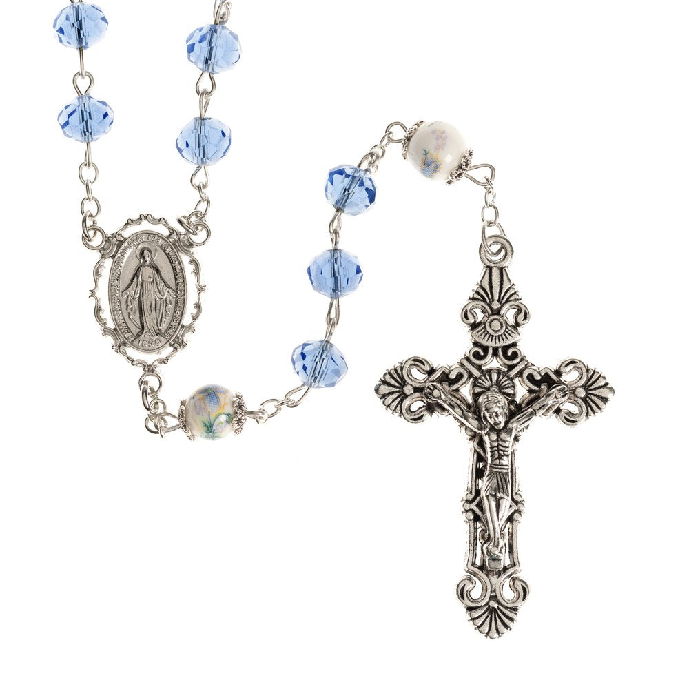 Blue Floral Miraculous Medal Rosary