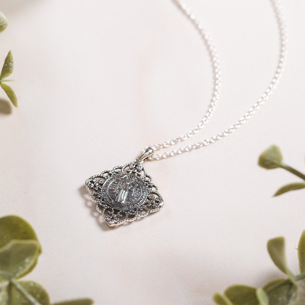 Sterling Vintage Filigree St. Benedict Medal Necklace
