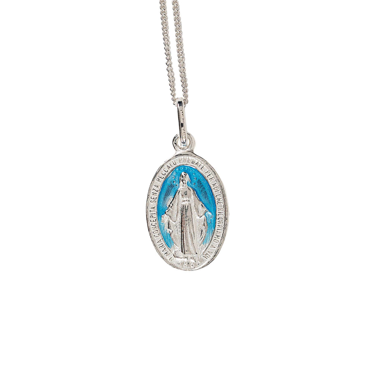 Oval Miraculous Medal Necklace with Light Blue Enamel