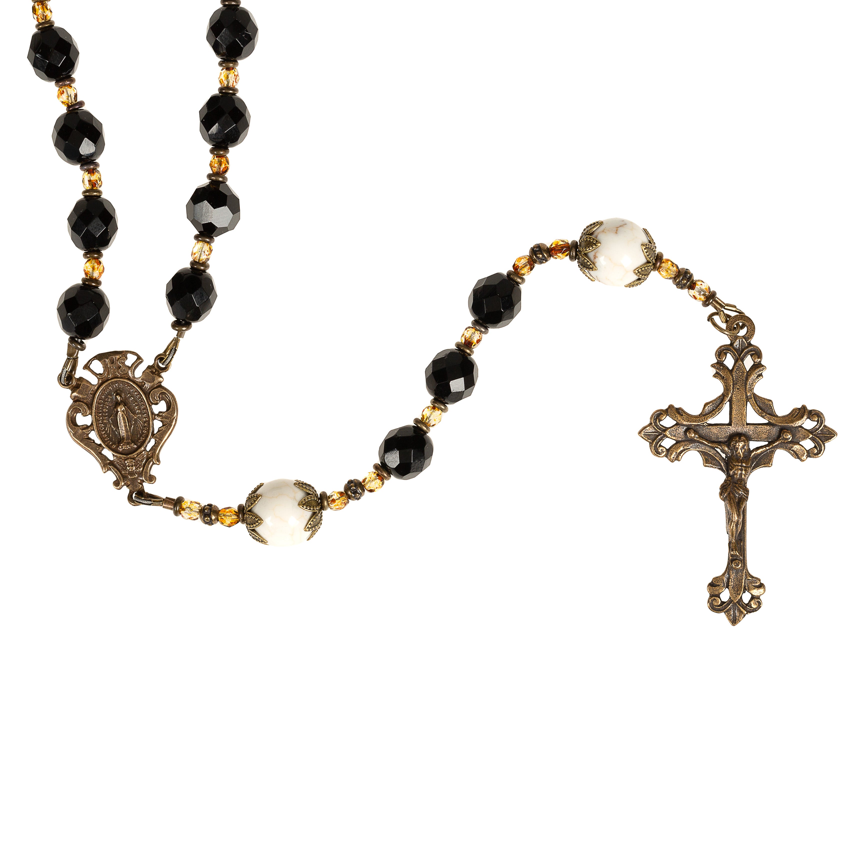 Good Catholic Jet Black & Ivory Antique Bronze Rosary
