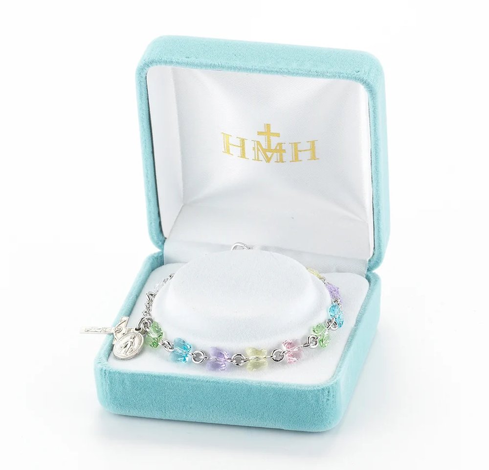 Multicolored Swarovski Crystal Butterfly Silver Rosary Bracelet