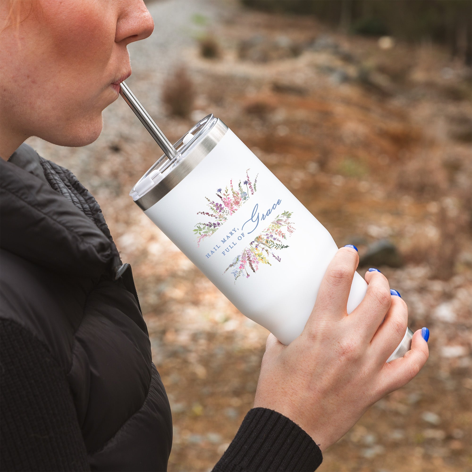 Personalized Floral Hail Mary Tumbler with Straw