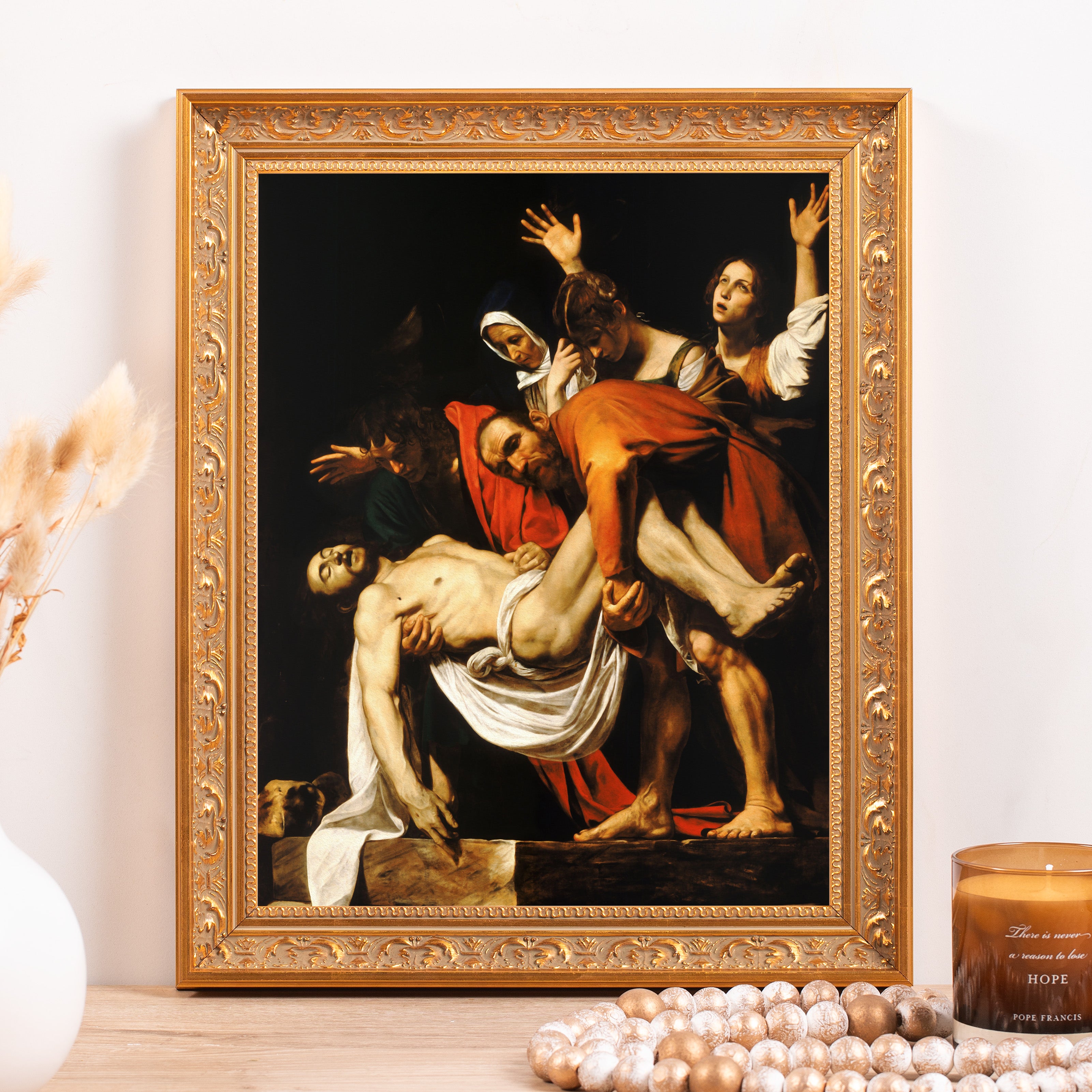 Framed painting of the Descent from the Cross, with a gold ornate wood frame in the Baroque style.