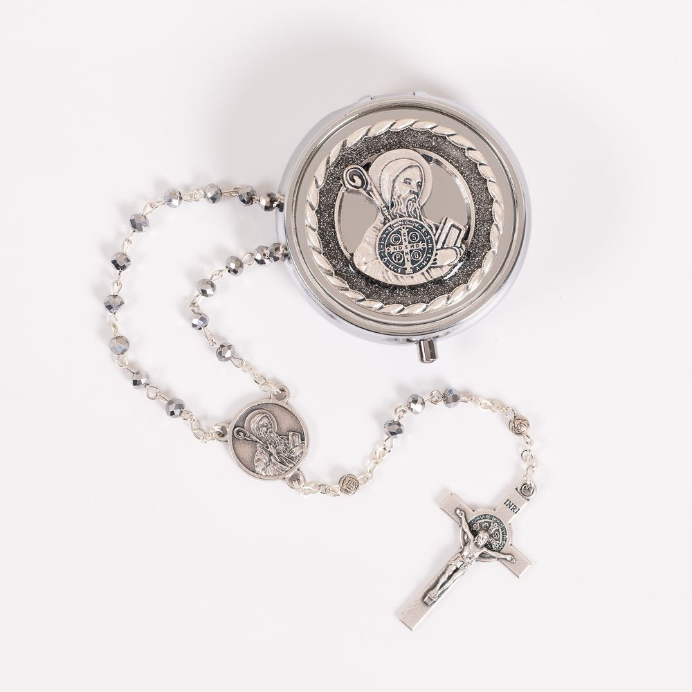 Italian Silver Glass St. Benedict Rosary & St. Benedict Rosary Box Set