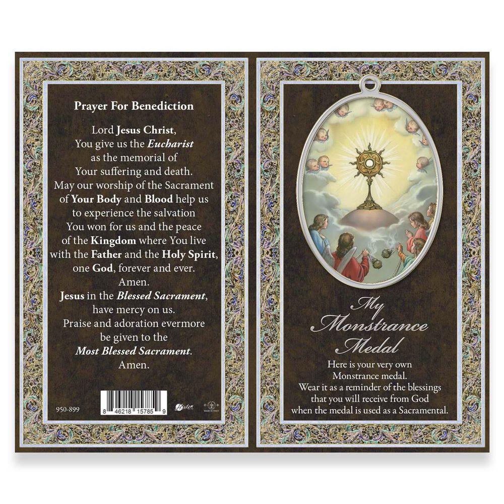 Gold Plated Holy Eucharist Monstrance Medal Necklace & Prayer Pamphlet - 24"