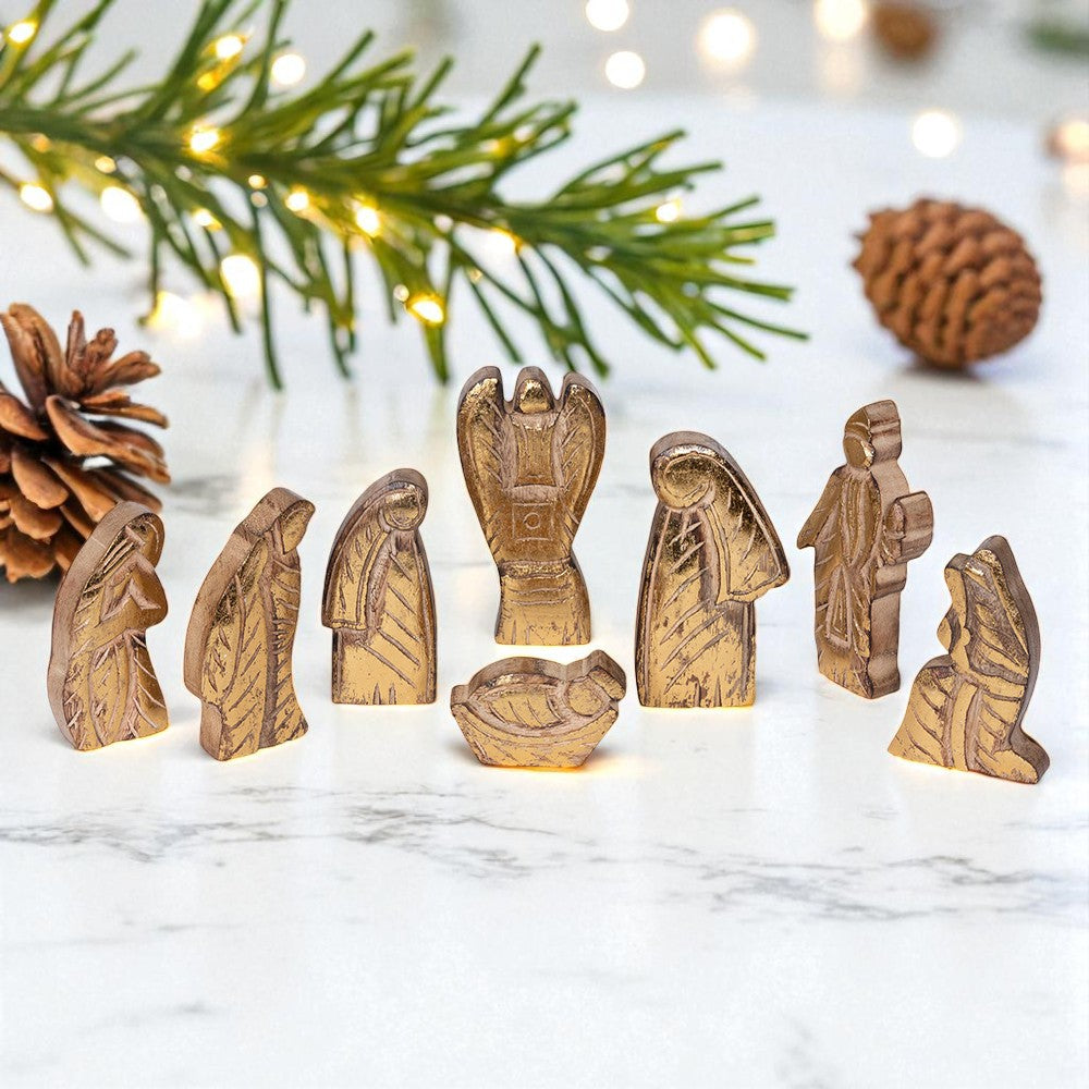 Gilded Wood Carved Nativity Set - 8 Pieces