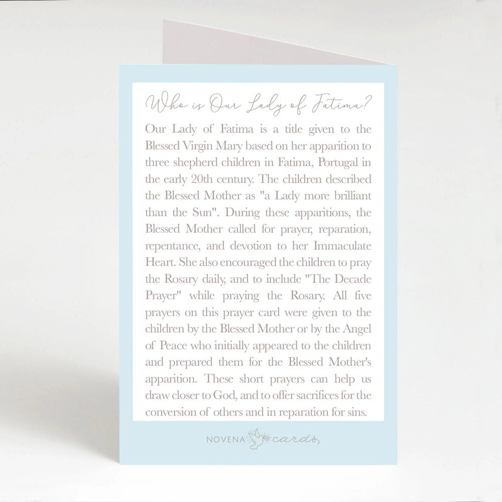 Our Lady of Fatima prayer card with pale blue border and white background includes prayers.
