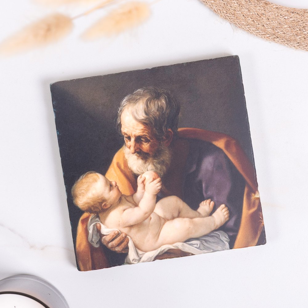 Joseph with the Infant Jesus Tumbled Stone Tile - 6" x 6"